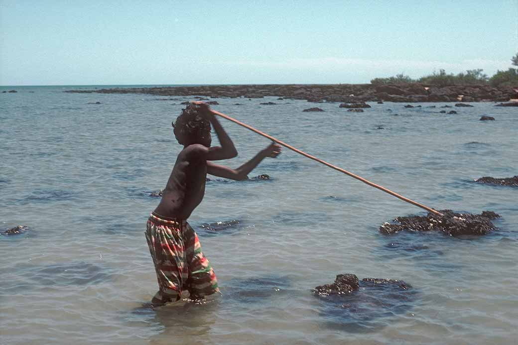 Boy spear fishing