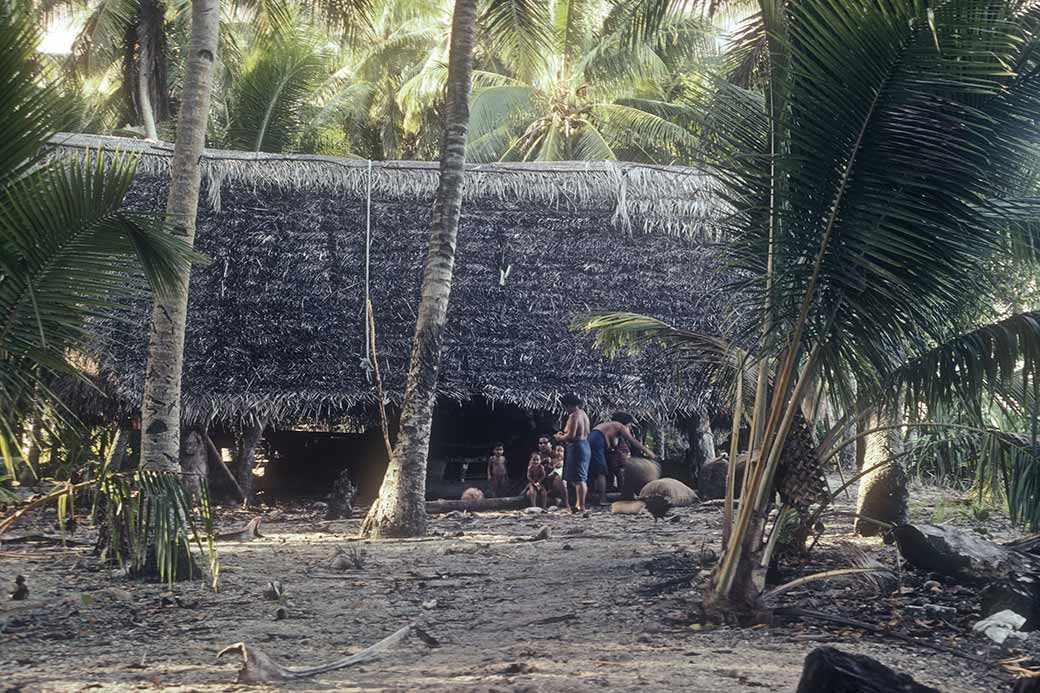 Canoe house, copra bags, Faraulep