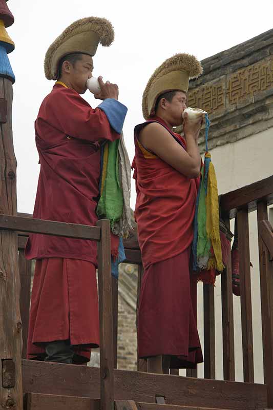 Blowing shell trumpets