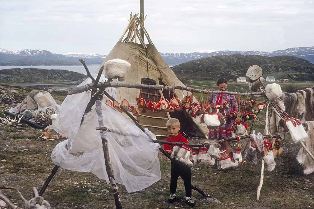 Reindeer skins, Sami camp