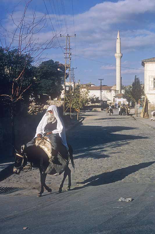 Woman riding donkey